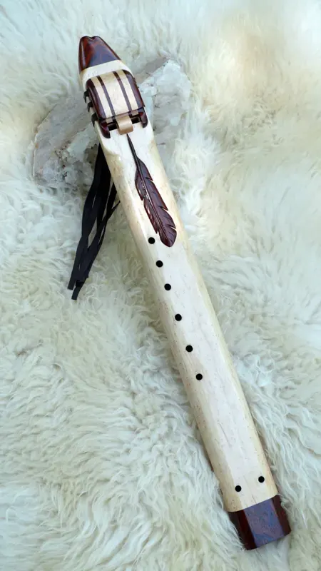Native American Style Drone Flute 7 Hole in the Key of Low D of Bird's Eye Maple and Cocobolo woods with Feather Carving — product photo
