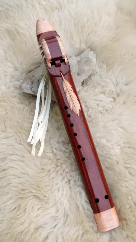 Native American Style Drone Flute 7 Hole Key of F sharp with a Carved Feather — product photo