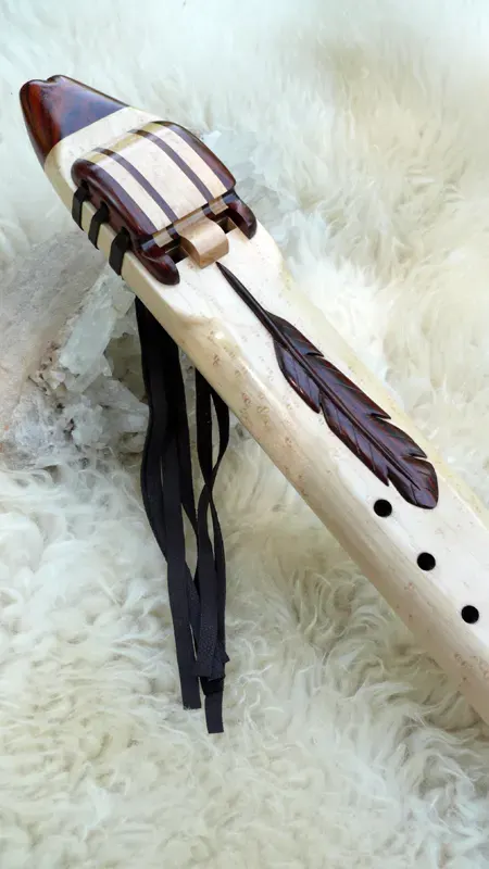 Native American Style Drone Flute 7 Hole in the Key of Low D of Bird's Eye Maple and Cocobolo woods with Feather Carving — product photo