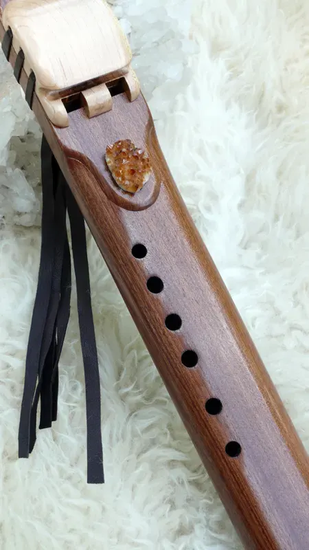 7 Hole Drone Flute in the Key of A of Sapele and Hard Maple wood with Citrine Quartz Cluster inlay — product photo