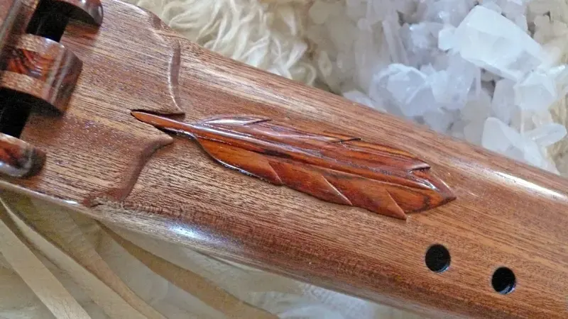 Native American Style Sapele Drone Flute in the Key of E with Cocobolo accents and Carved Feather — product photo