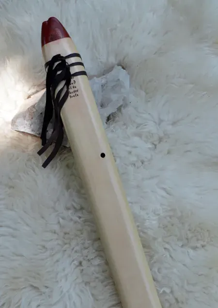 7 Hole Alaskan Yellow Cedar Drone Flute in the Key of Low D with Agate slice inlay — product photo