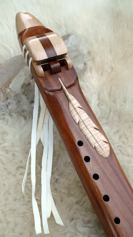 Native American Style Drone Flute 7 Hole Key of E with Feather Carving — product photo