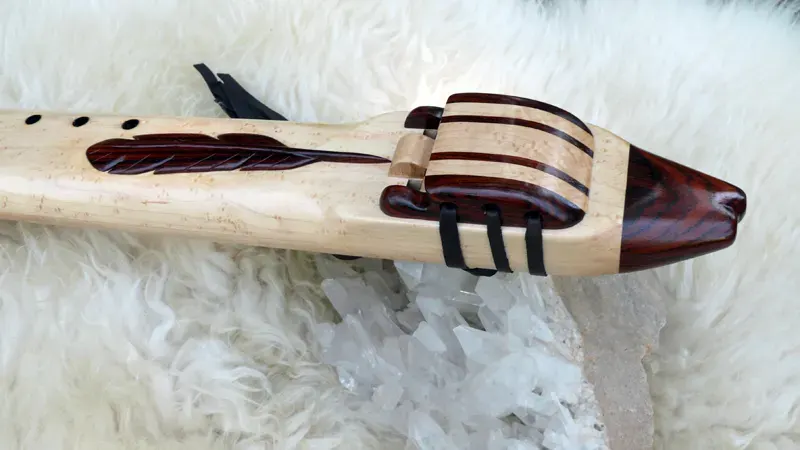 Native American Style Drone Flute 7 Hole in the Key of Low D of Bird's Eye Maple and Cocobolo woods with Feather Carving — product photo