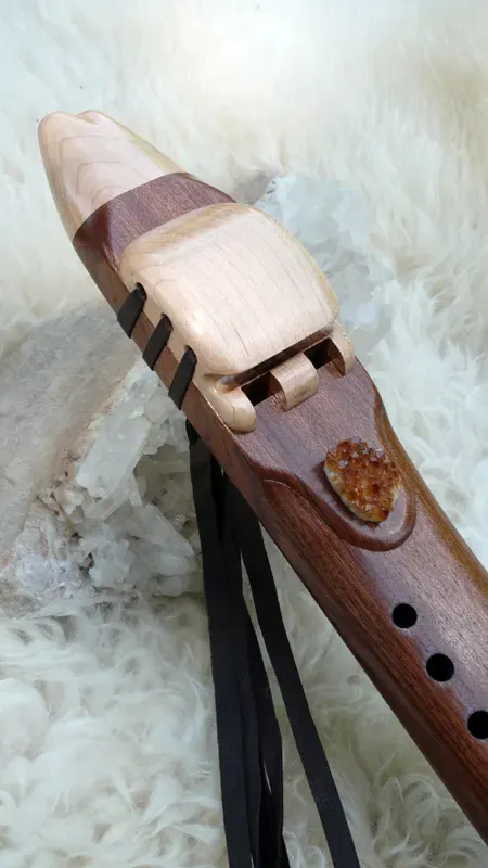 7 Hole Drone Flute in the Key of A of Sapele and Hard Maple wood with Citrine Quartz Cluster inlay — product photo