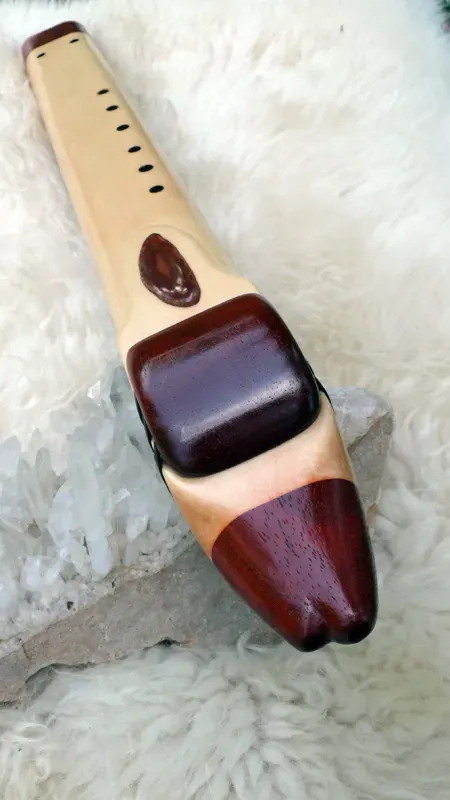 7 Hole Alaskan Yellow Cedar Drone Flute in the Key of Low D with Agate slice inlay — product photo
