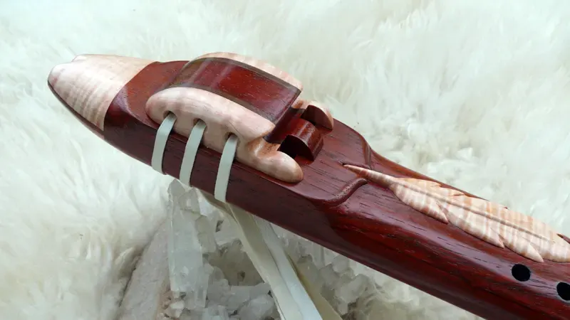 Native American Style Drone Flute 7 Hole Key of F sharp with a Carved Feather — product photo