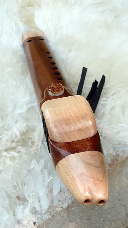 7 Hole Drone Flute in the Key of A of Sapele and Hard Maple wood with Citrine Quartz Cluster inlay — product photo