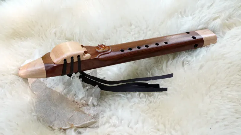 7 Hole Drone Flute in the Key of A of Sapele and Hard Maple wood with Citrine Quartz Cluster inlay — product photo
