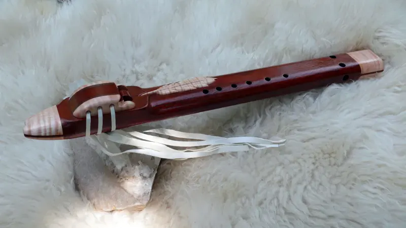 Native American Style Drone Flute 7 Hole Key of F sharp with a Carved Feather — product photo
