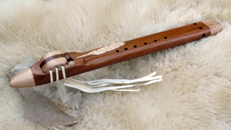 7 Hole Drone in the Key of E of Sapele and Curly Maple wood with Carved Feather