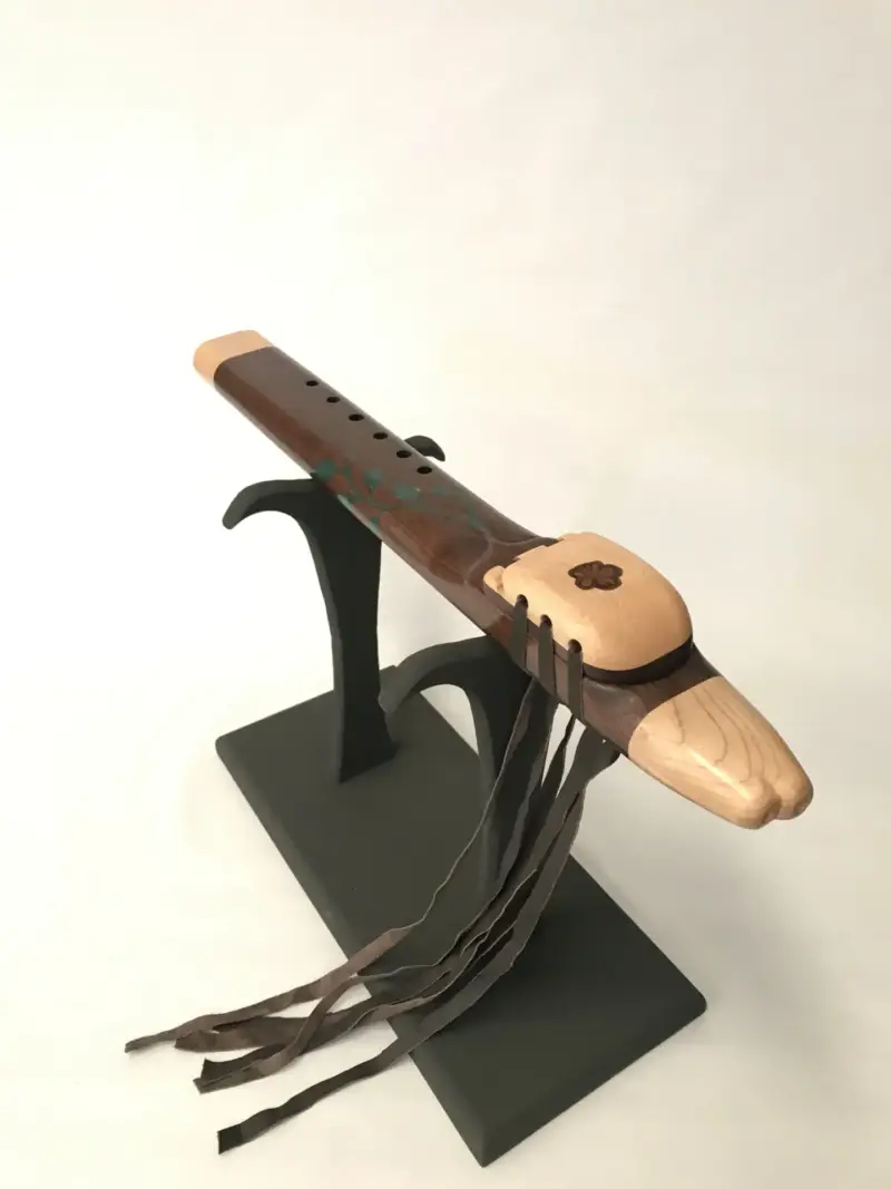 Native American Style Drone Flute Key of E in Walnut wood with a Custom Inlay in Chrysocolla stone and Ayahuasca Branch Slice