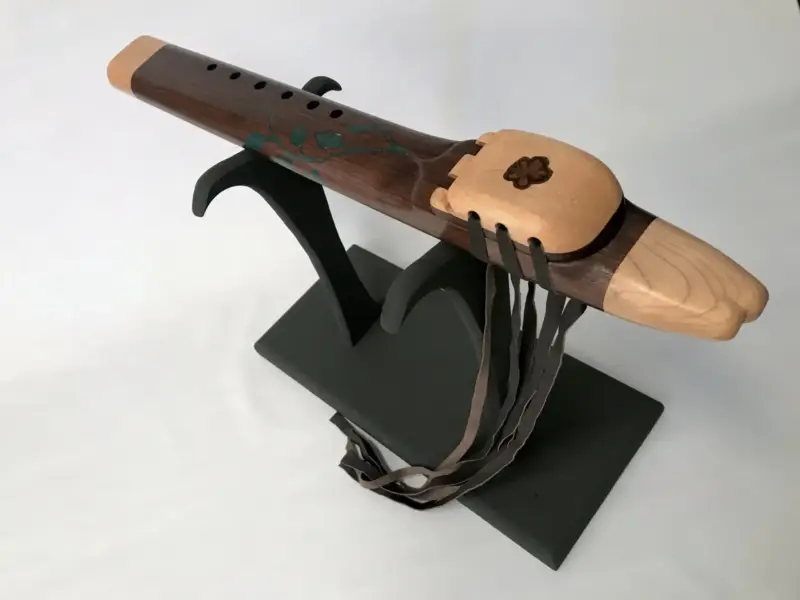 Native American Style Drone Flute Key of E in Walnut wood with a Custom Inlay in Chrysocolla stone and Ayahuasca Branch Slice