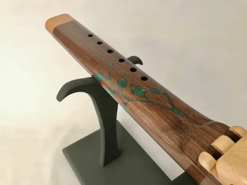 Native American Style Drone Flute Key of E in Walnut wood with a Custom Inlay in Chrysocolla stone and Ayahuasca Branch Slice