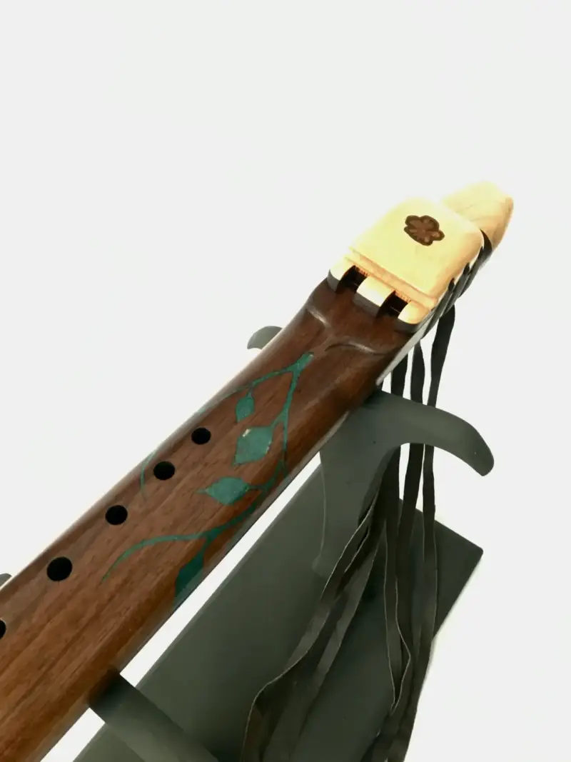 Native American Style Drone Flute Key of E in Walnut wood with a Custom Inlay in Chrysocolla stone and Ayahuasca Branch Slice